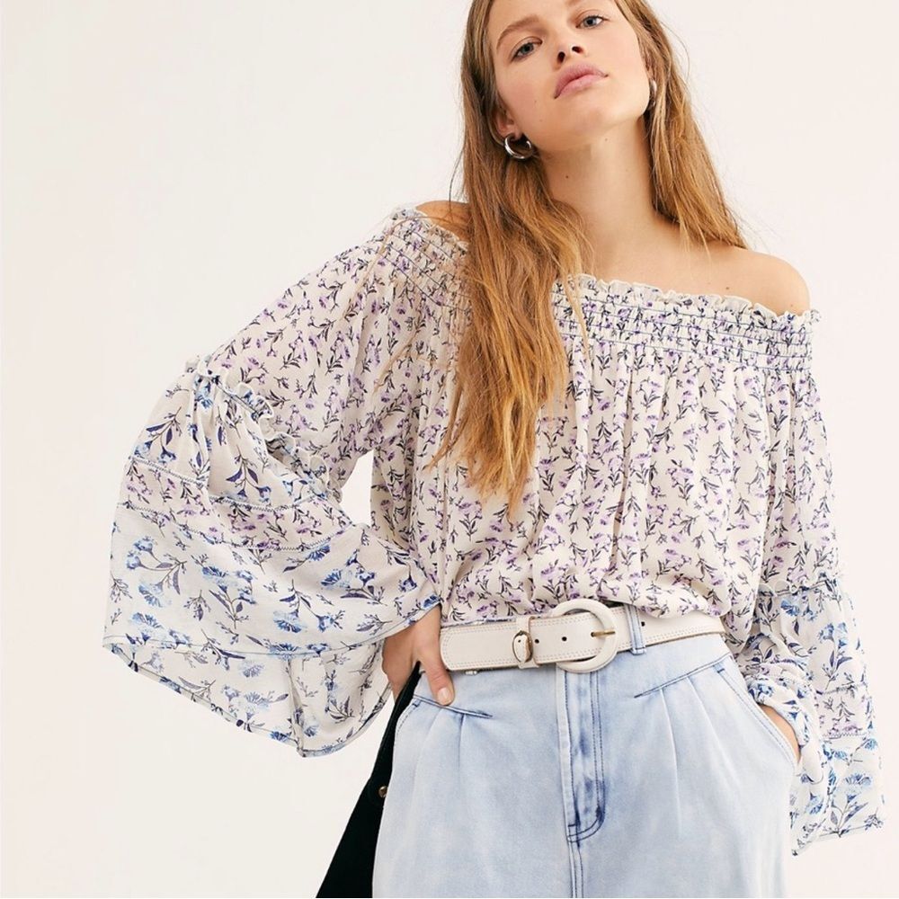 Free People Rose Valley Off The Shoulder Floral Blouse in Ivory Combo size large